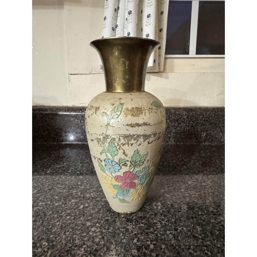 Vintage Brass‎ Vase With Etched Hand Painted Flowers Made In India